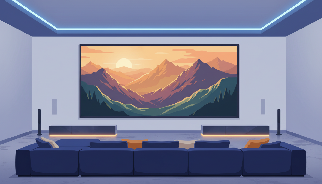 Illustration of a huge 100-inch TV mounted on a living room wall above a large sectional sofa