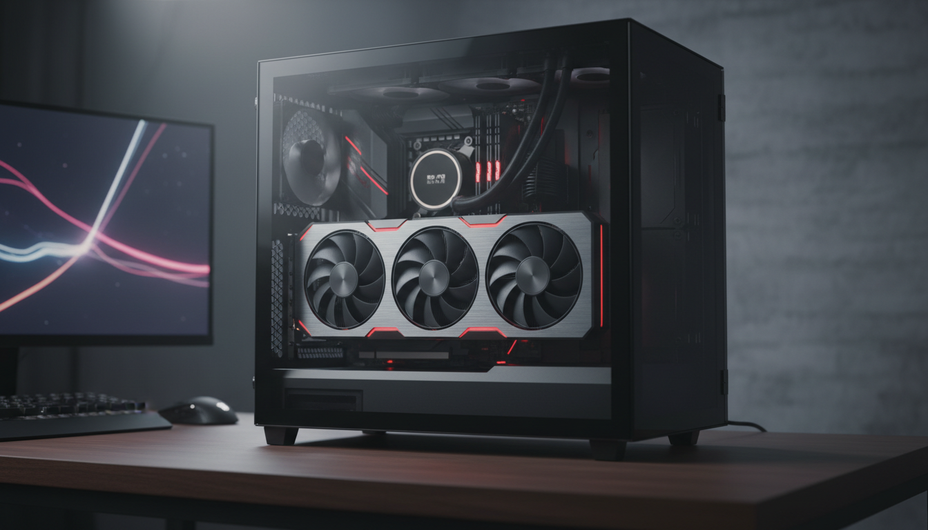 Illustration of a triple-fan graphics card inside a gaming PC, representing the AMD Radeon RX 9070 XT