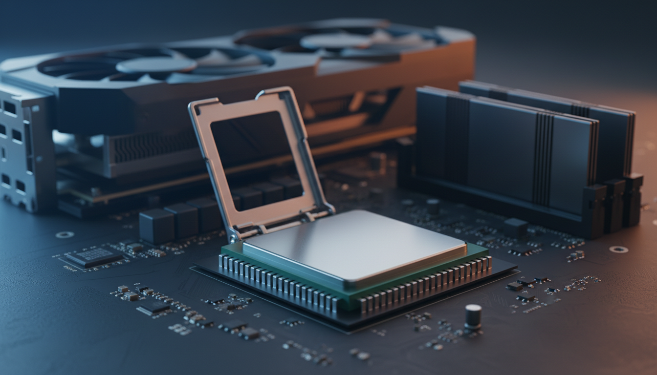 Illustration of a desktop processor in a motherboard socket, representing the AMD Ryzen 7 8700F