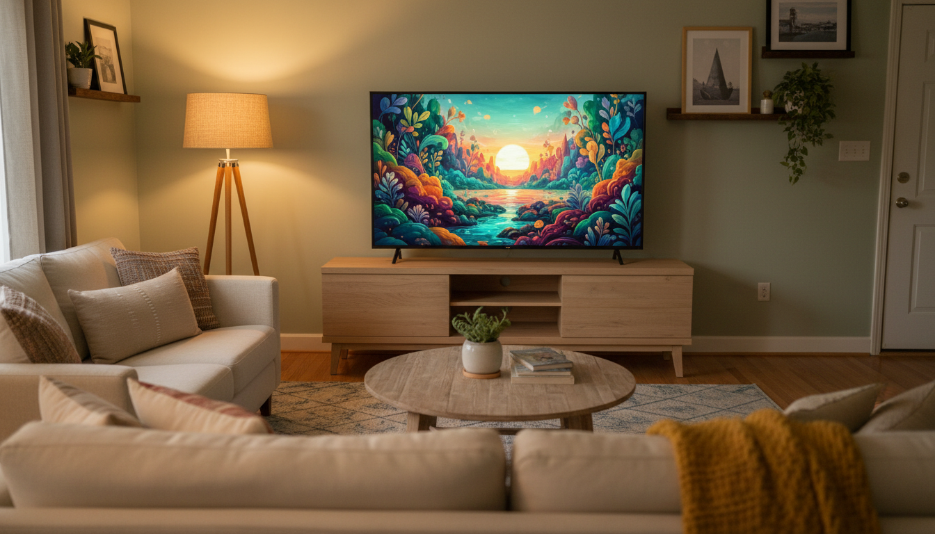 Illustration of a 55-inch TV on a wooden stand in a cozy living room, representing budget 55-inch TVs under $500