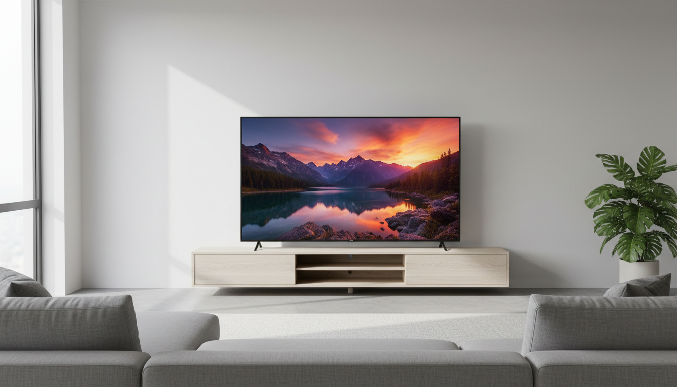 Illustration of a large 65-inch TV in a bright living room, representing the best 65-inch TVs under $1,000