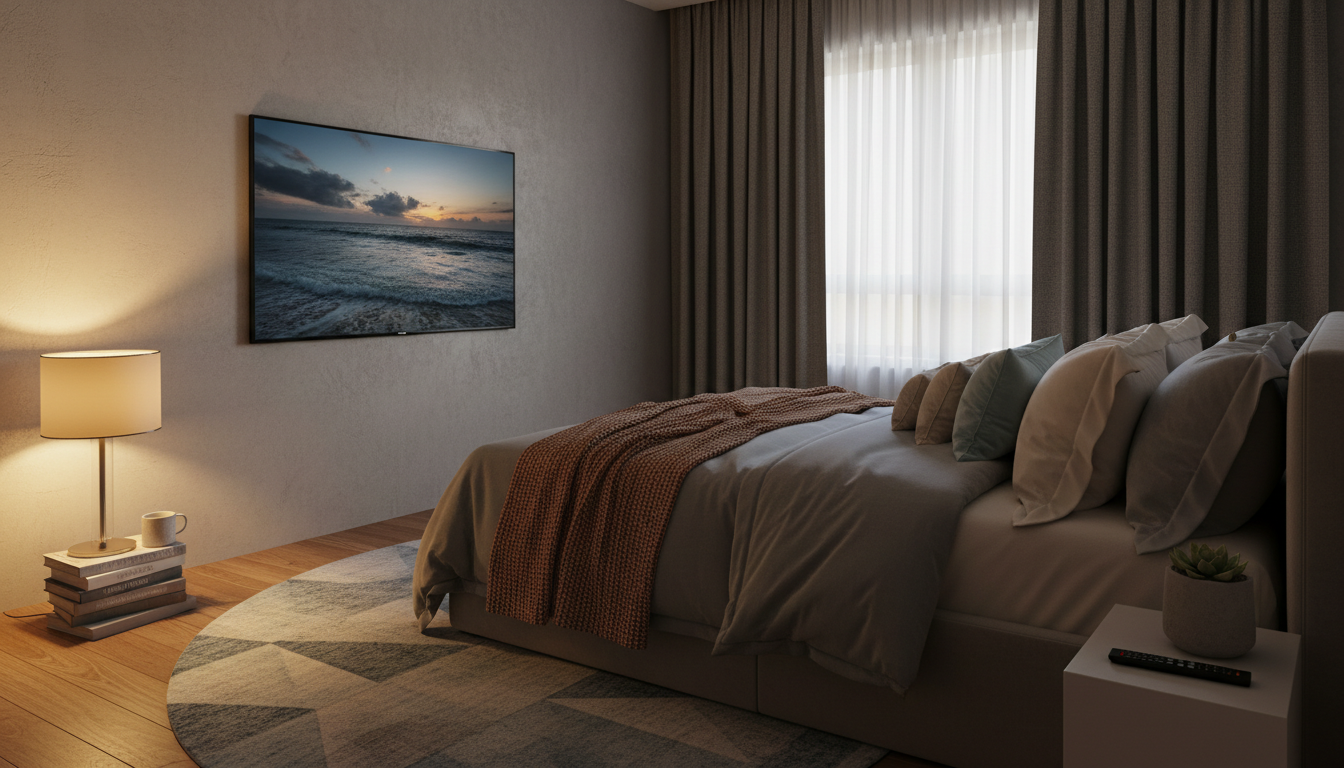 Illustration of a wall-mounted TV facing a bed in a cozy bedroom, representing the best TV size for a bedroom