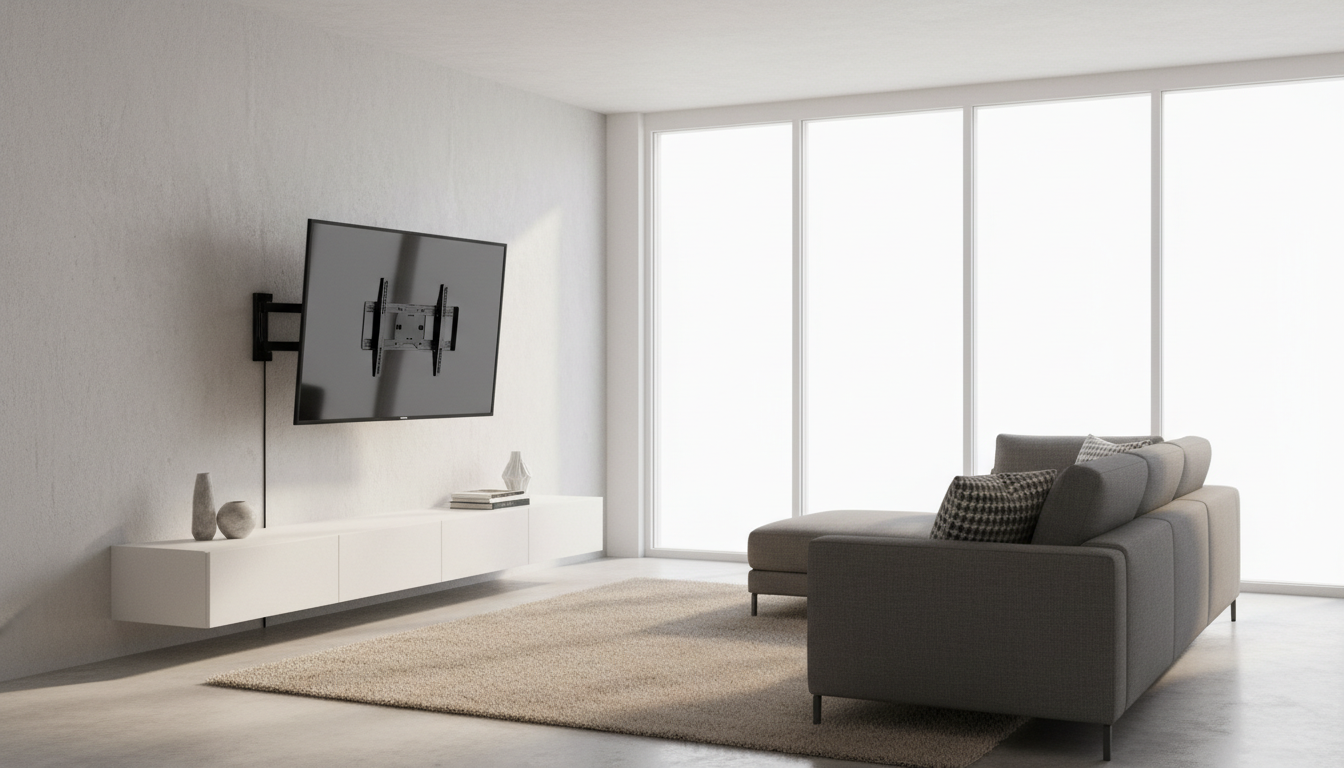 Illustration of a large TV on an extended full-motion wall mount in a modern living room, representing the best TV wall mounts for 65-inch TVs