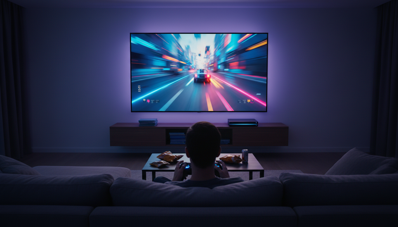 Illustration of a gamer with a controller playing a racing game on a large TV in a dim living room, representing the best gaming TVs for PS5 and Xbox
