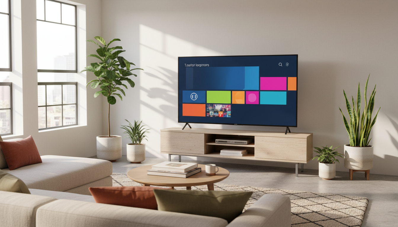 Illustration of a smart TV showing colorful streaming app tiles in a bright living room, representing the best smart TVs for the money