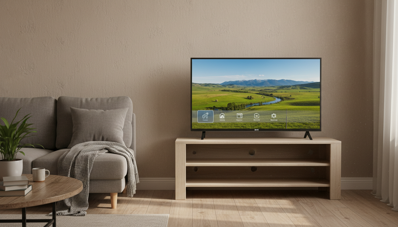 Illustration of a budget flat-screen TV on a simple stand in a small apartment, representing Element TVs