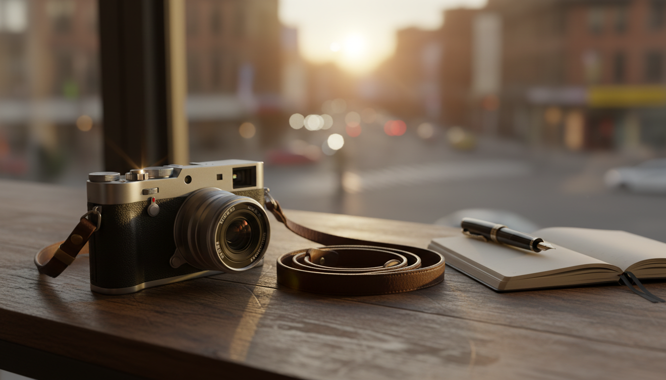 Illustration of a compact medium-format camera with a fixed lens on a wooden table, representing the Fujifilm GFX100RF
