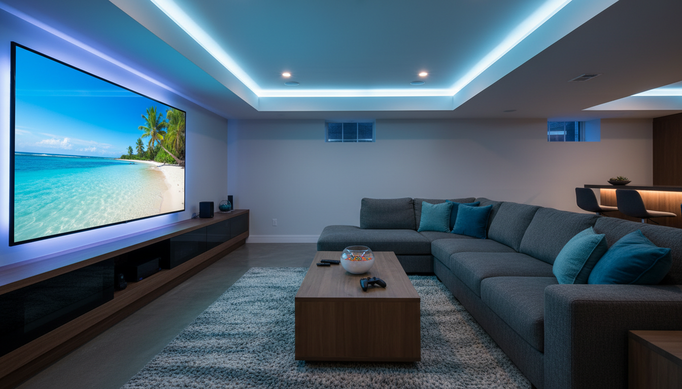 Illustration of a giant 98-inch TV in a game room, representing the Hisense QD5