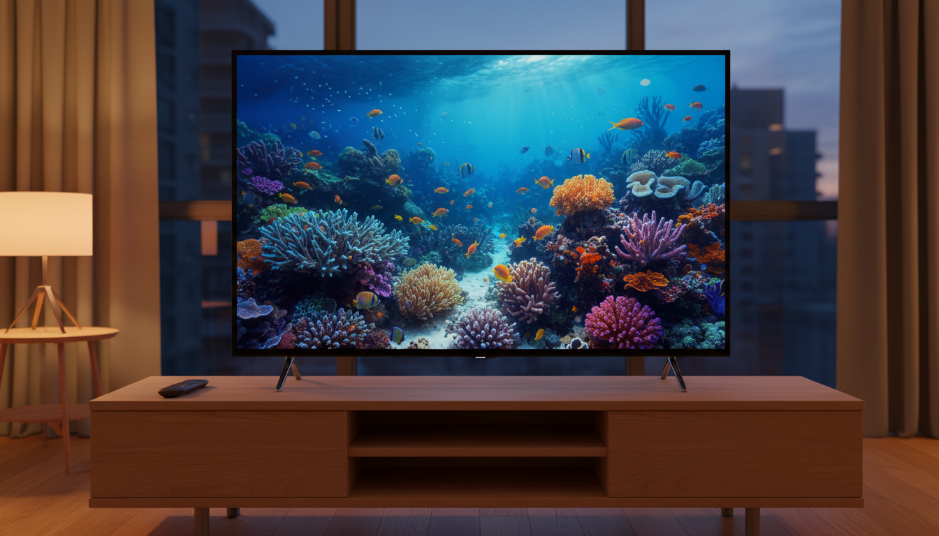 Illustration of a budget QLED TV on a media console in a cozy living room, representing the Hisense U6HF