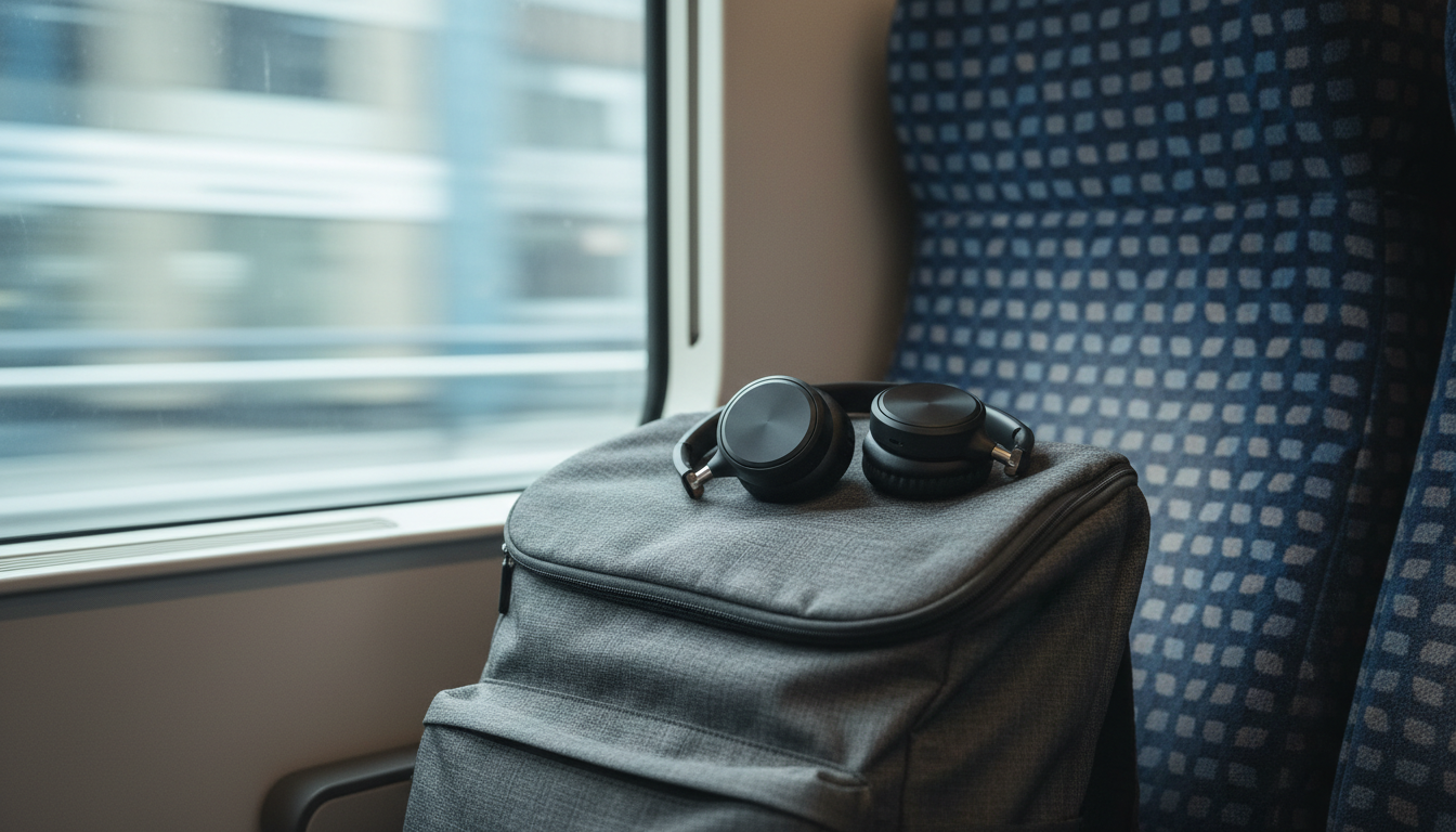 Illustration of black foldable on-ear wireless headphones on a backpack during a commute, representing the JBL Live 675NC