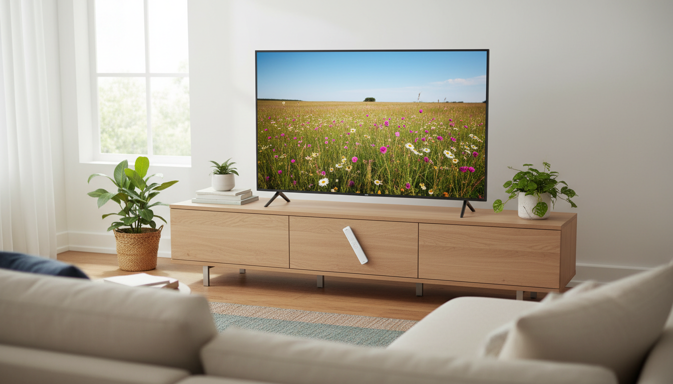 Illustration of a slim 4K LED TV on a media console with a motion remote, representing the LG UQ8000