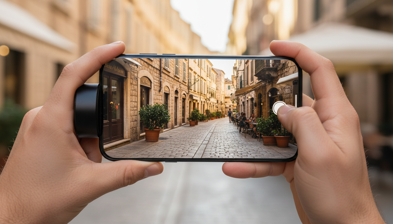 Illustration of hands holding a smartphone with a black magnetic camera grip attached, representing the Leica Lux Grip
