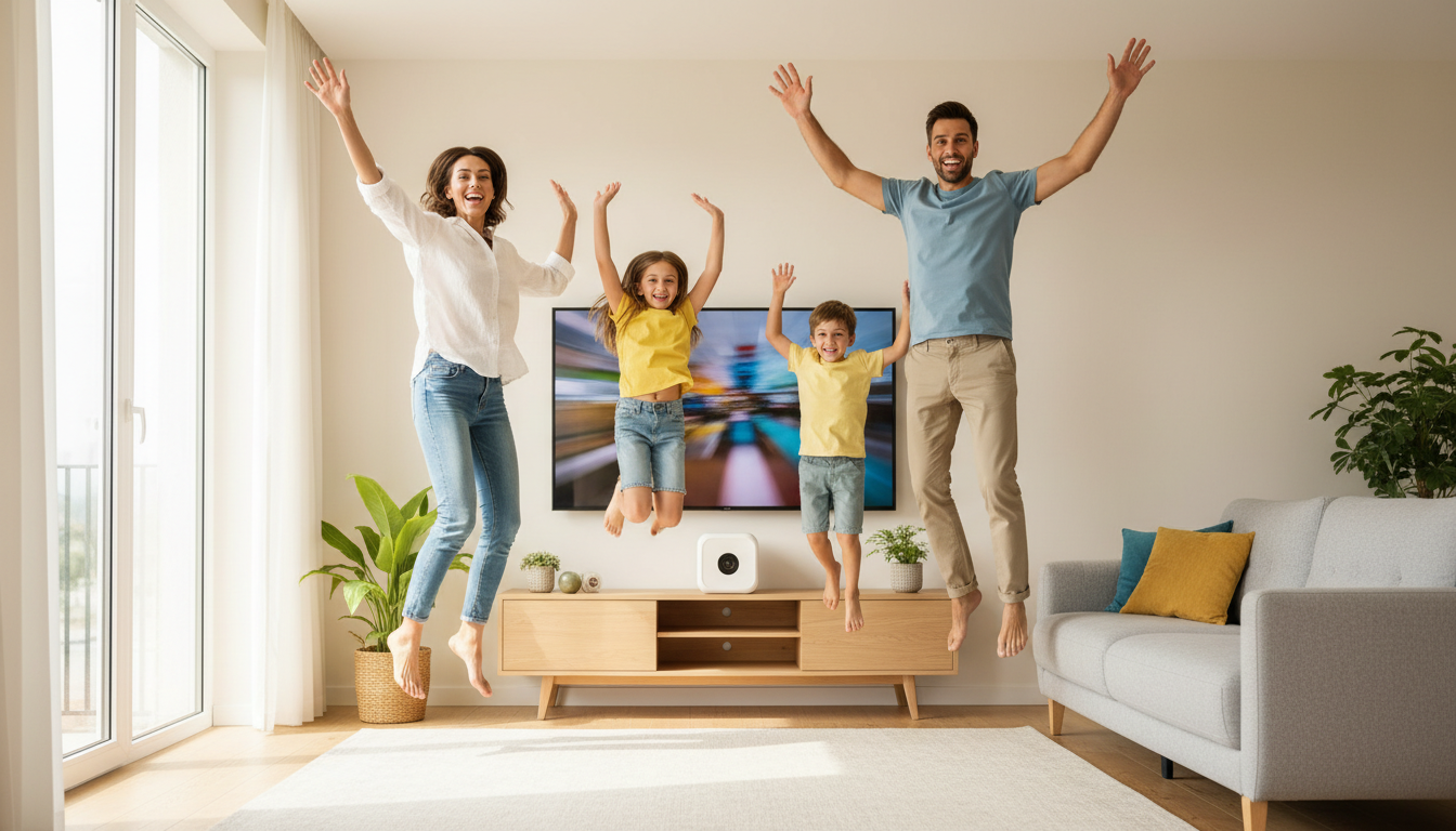 Illustration of a family playing motion-controlled games in a living room, representing the Nex Playground