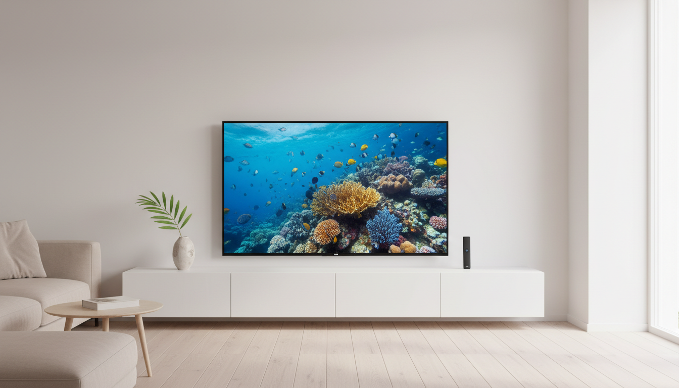 Illustration of a thin-bezel 4K TV on a white cabinet in a minimalist living room, representing the Samsung CU7000