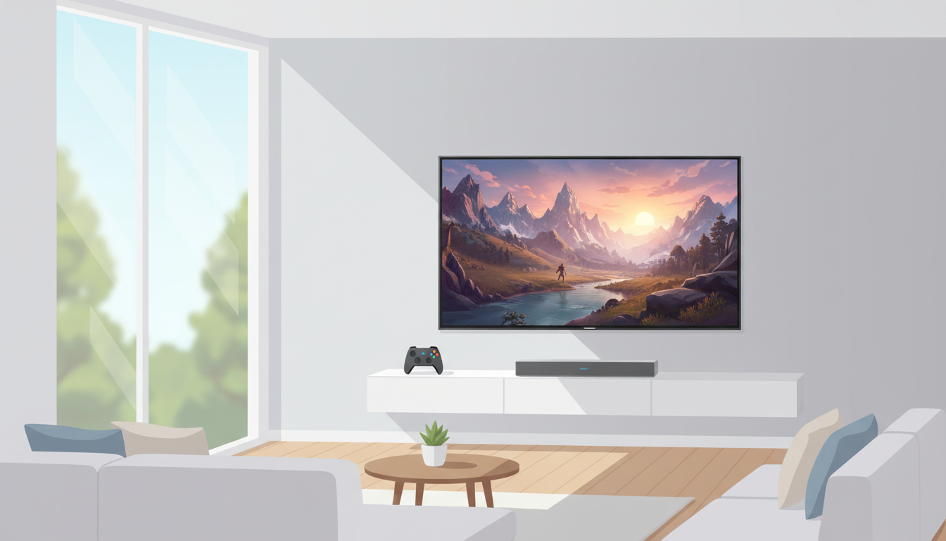 Illustration of a slim 4K QLED TV mounted in a bright living room showing a colorful video game