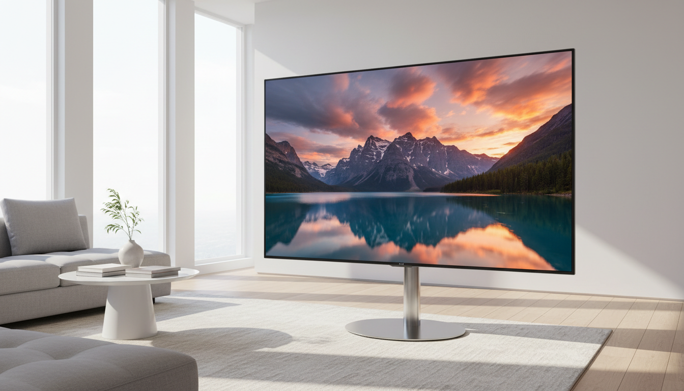 Illustration of a thin Mini LED TV on a pedestal stand in a bright living room, representing the Samsung QN90C