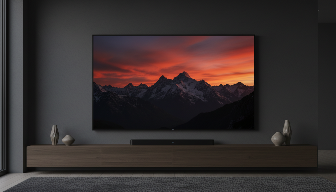 Illustration of a thin wall-mounted OLED TV showing a vivid sunset in a dark living room, representing the Samsung S90F