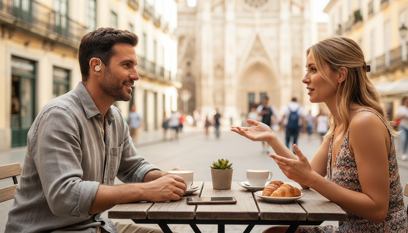 Illustration of two travelers talking at a cafe while one wears an open-ear translation earbud, representing Sentdream AI translation earbuds