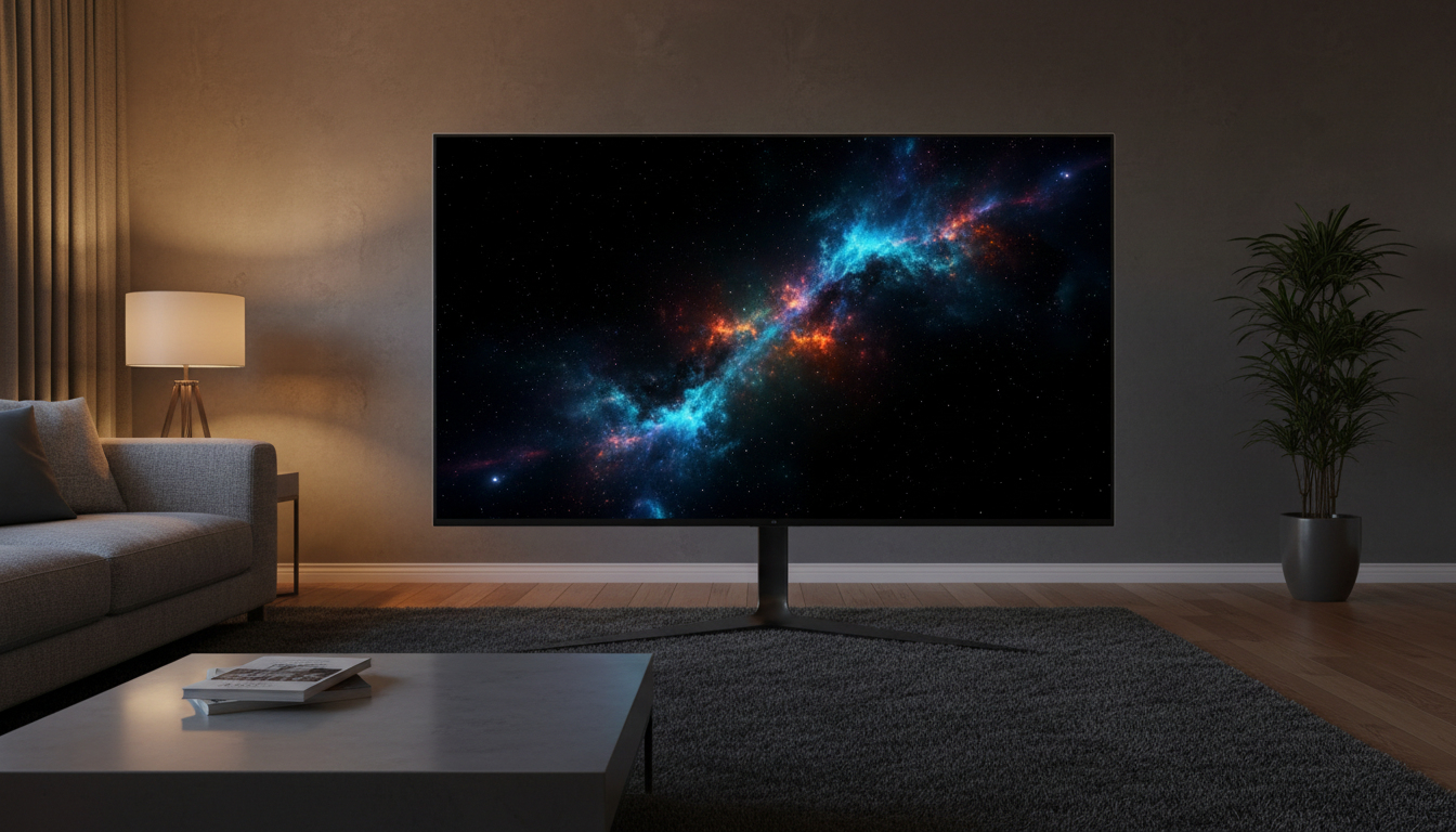 Illustration of a thin OLED TV on a pedestal stand in a dim living room, representing the Skyworth XC9300