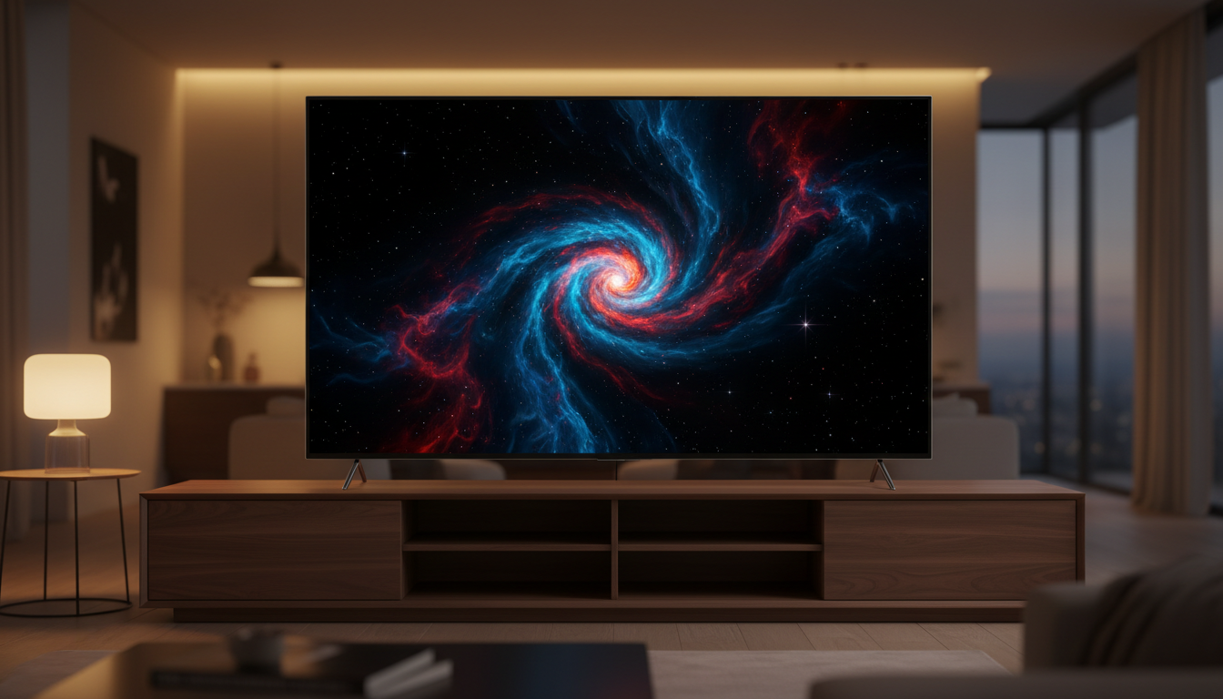 Illustration of a slim OLED TV in a dim living room, representing the Sony A80L