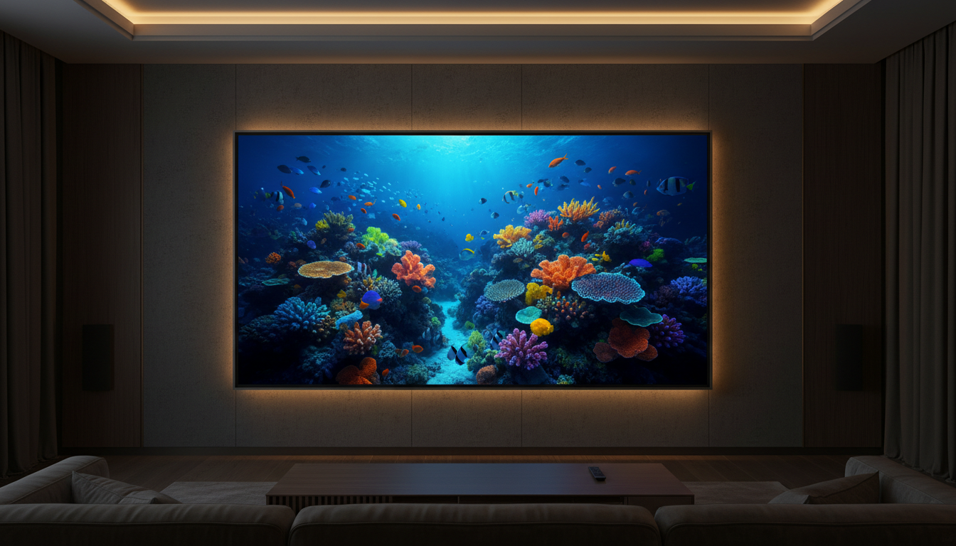Illustration of a premium OLED TV showing vivid colors in a dark home theater, representing the Sony A95L