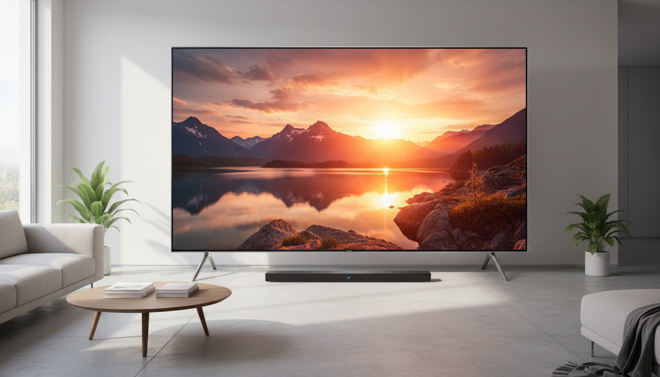 Illustration of a silver Mini LED TV on metal feet in a bright living room, representing the Sony X93L