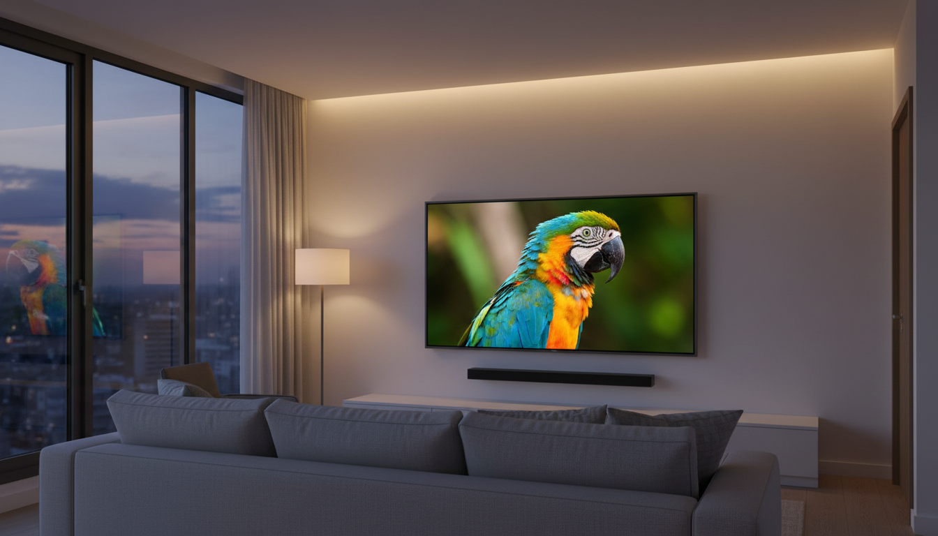 Illustration of a budget QLED TV showing vivid colors in a living room, representing the TCL Q5