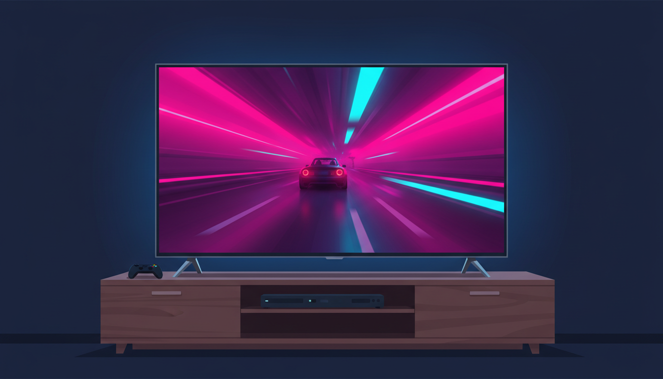 Illustration of a large 4K QLED TV on metal feet showing a colorful video game in a dim living room
