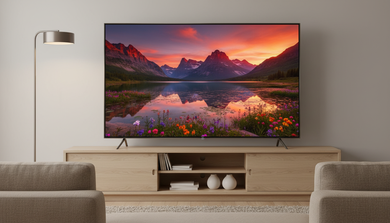 Illustration of a budget 4K TV on a media console, representing the TCL S470G