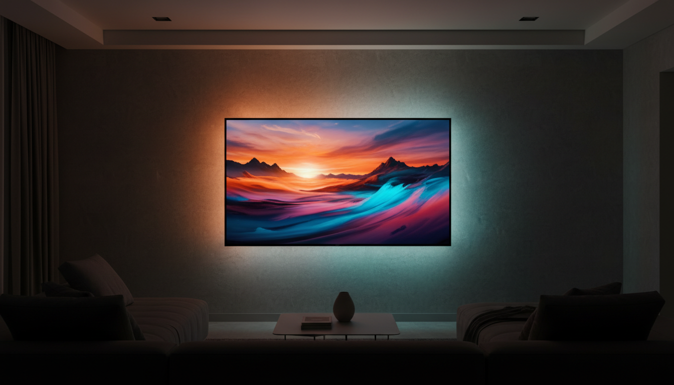 Illustration of a TV with a colorful synced LED backlight glowing on the wall, representing TV backlights that sync with your screen