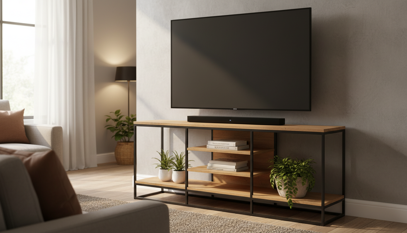 Illustration of a TV stand holding a large flat-screen TV, representing the best TV stands for 65-inch TVs