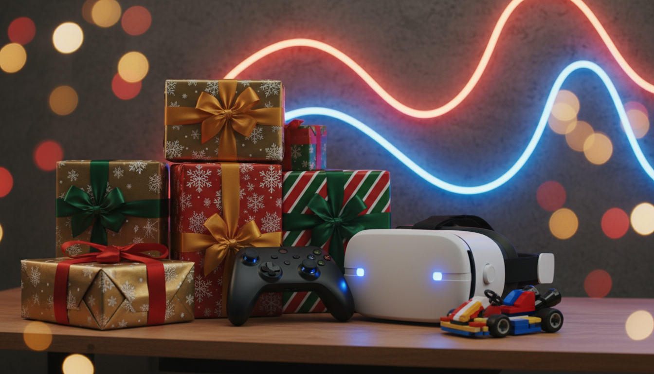 Illustration of wrapped holiday gifts on a gaming desk with a controller and neon lights, representing unique gifts for gamers