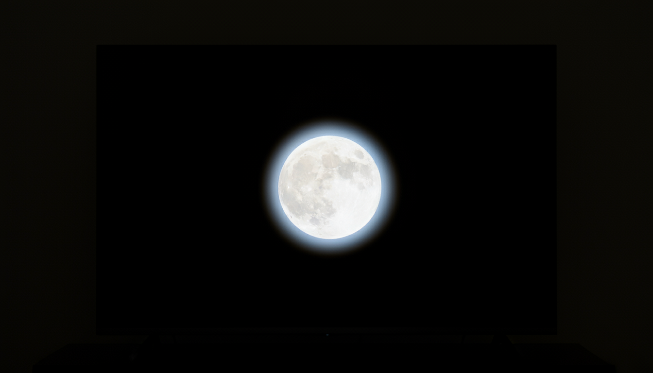Illustration of a 4K TV in a dark room showing a bright moon against a deep black sky, representing local dimming contrast