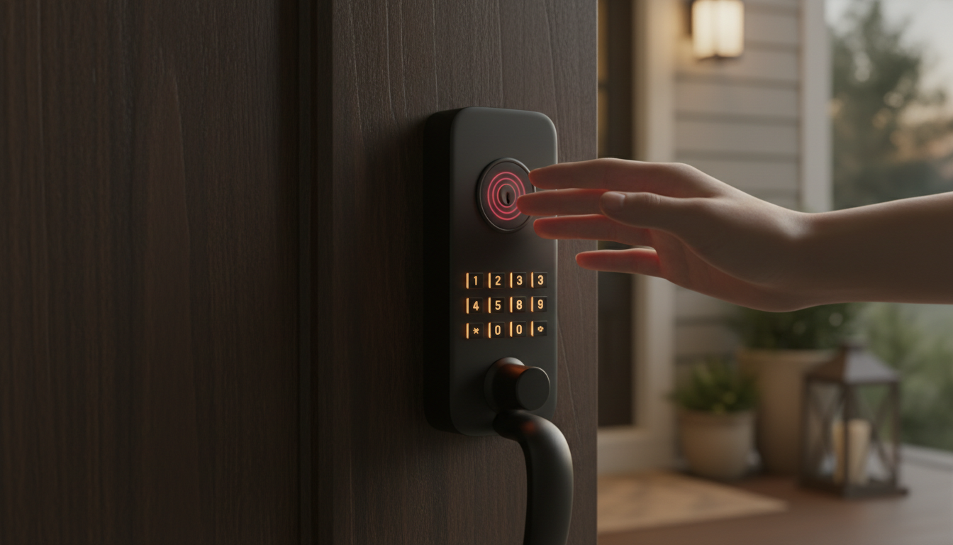 Illustration of a hand hovering over a black palm-scanning smart lock on a front door, representing the Wyze Palm Lock