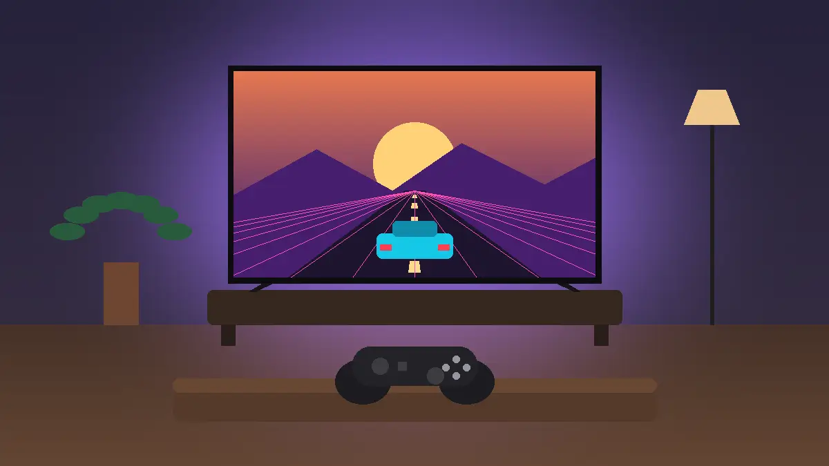 Illustration of a living room gaming setup with a large TV showing a racing game and a game controller, representing the best gaming TVs for PS5 and Xbox
