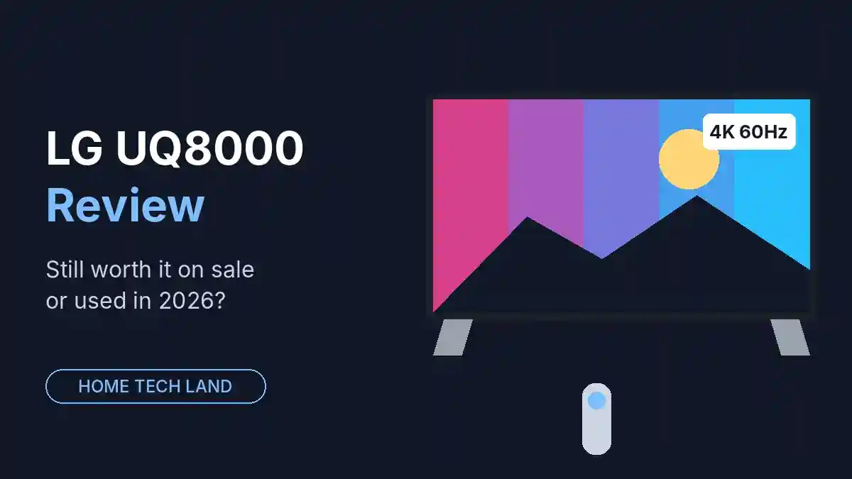 Illustration of a budget 4K TV on wide feet with a pointer remote, representing the LG UQ8000 review