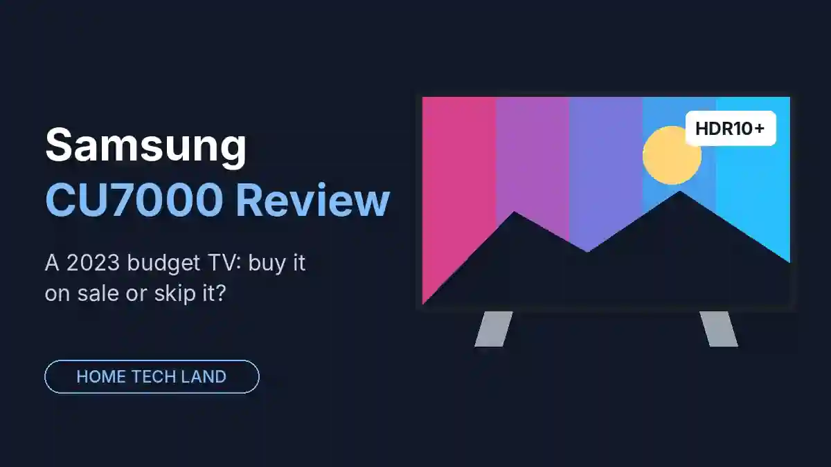 Illustration of a budget 4K TV on slim feet with an HDR10+ badge, representing the Samsung CU7000 review